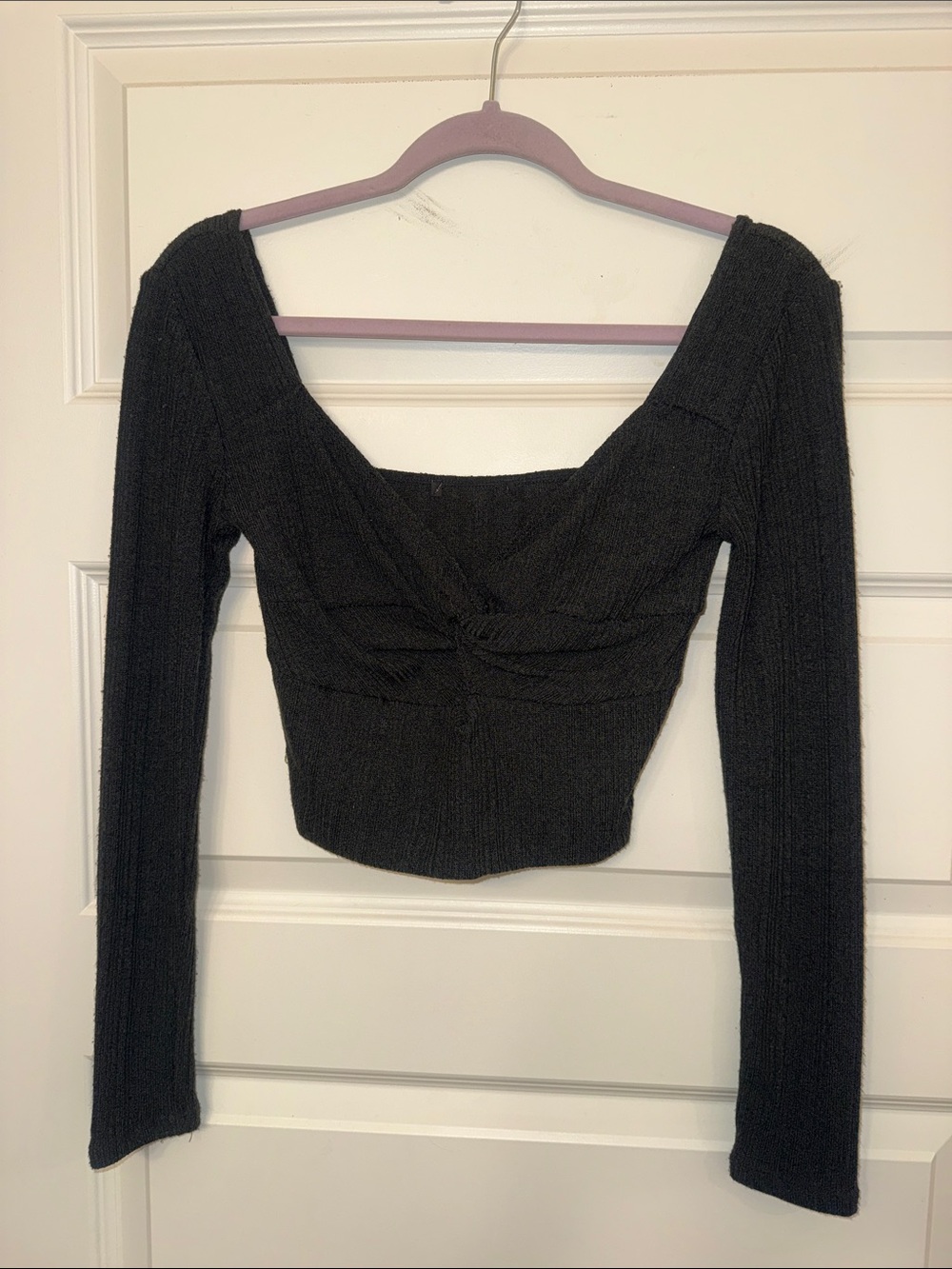 Women's Black Long-Sleeve Square Neck Knot Top